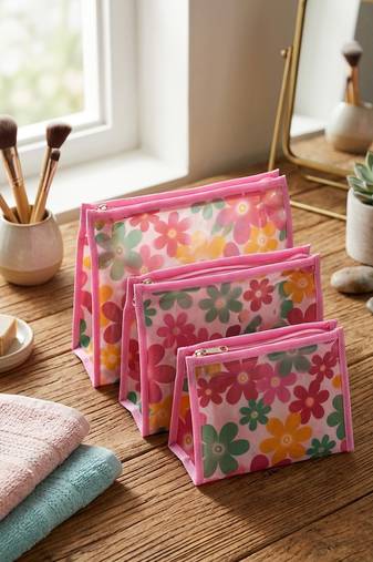  net fabric makeup jewellery organizer cosmetic necklace pouch vanity traveling kit for women (set of 3 pink)