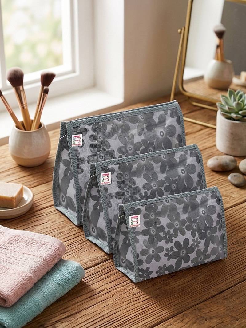  net fabric makeup jewellery organizer cosmetic necklace pouch vanity traveling kit for women (set of 3 grey)