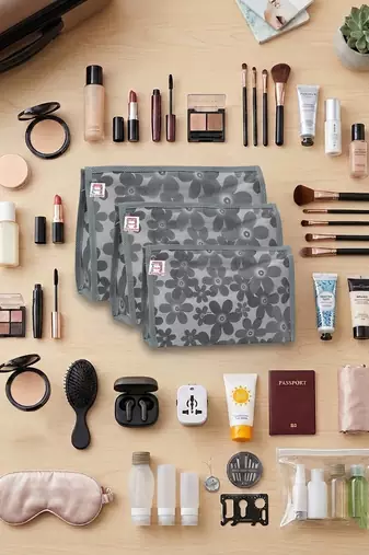  net fabric makeup jewellery organizer cosmetic necklace pouch vanity traveling kit for women (set of 3 grey)