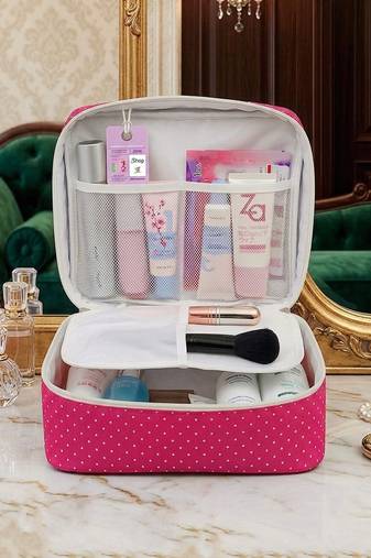  makeup storage box cosmetic vanity toiletry necklace travel organizer jewellery pouch for women (pink)