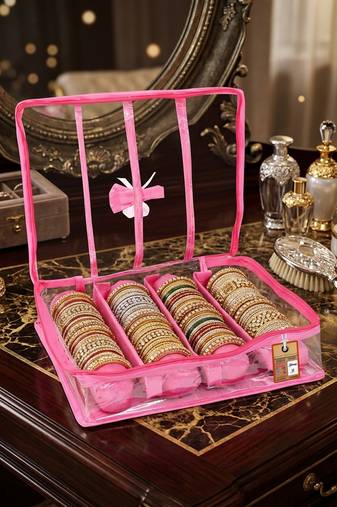 satin bangle box for women jewellery pouch 4 rod bangle storage box chudi set bracelets organizer (pink)