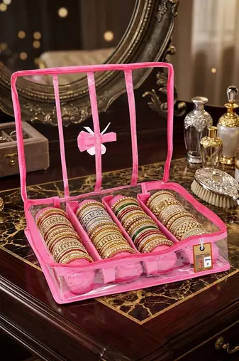  satin bangle box for women jewellery pouch 4 rod bangle storage box chudi set bracelets organizer (pink)