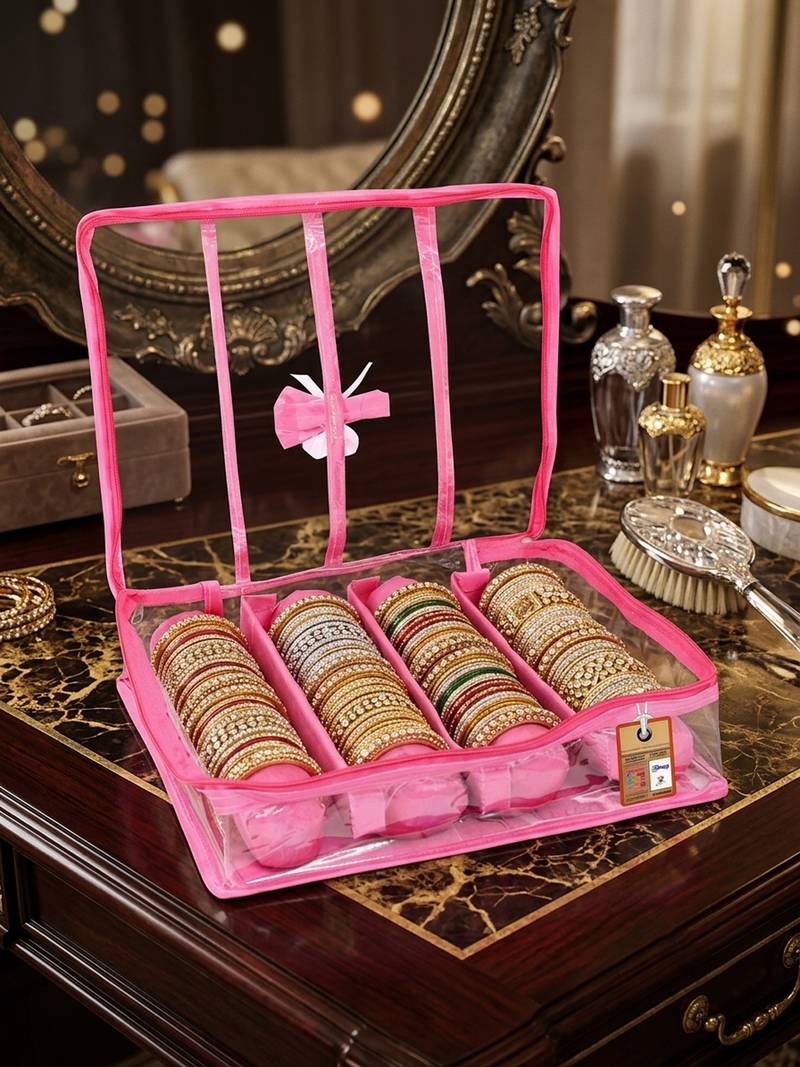  satin bangle box for women jewellery pouch 4 rod bangle storage box chudi set bracelets organizer (pink)