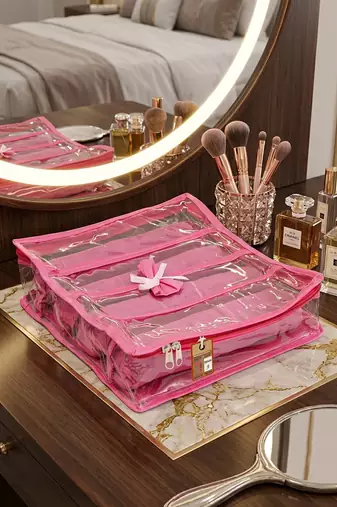  satin bangle box for women jewellery pouch 4 rod bangle storage box chudi set bracelets organizer (pink)
