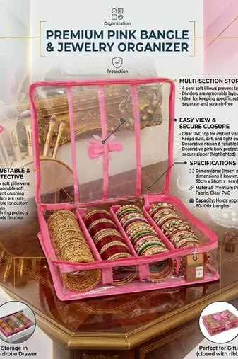 satin bangle box for women jewellery pouch 4 rod bangle storage box chudi set bracelets organizer (pink)