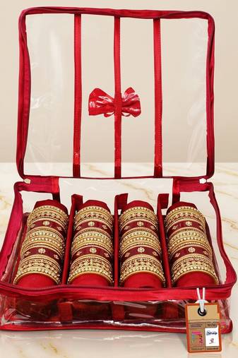  satin bangle box for women jewellery pouch 4 rod bangle storage box chudi set bracelets organizer (maroon)