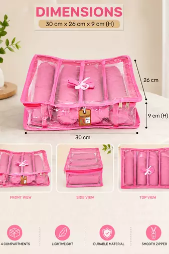  satin bangle box for women jewellery pouch 4 rod bangle storage box chudi set bracelets organizer (pink)
