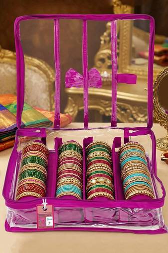  satin bangle box for women jewellery pouch 4 rod bangle storage box chudi set bracelets organizer (purple)