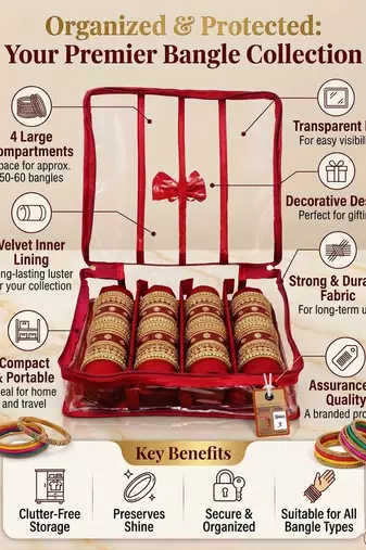  satin bangle box for women jewellery pouch 4 rod bangle storage box chudi set bracelets organizer (maroon)