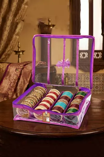  satin bangle box for women jewellery pouch 4 rod bangle storage box chudi set bracelets organizer (purple)