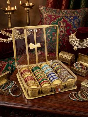  satin bangle box for women jewellery pouch 4 rod bangle storage box chudi set bracelets organizer (golden) 1