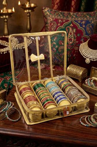  satin bangle box for women jewellery pouch 4 rod bangle storage box chudi set bracelets organizer (golden)