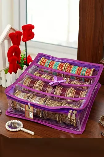  satin bangle box for women jewellery pouch 4 rod bangle storage box chudi set bracelets organizer (purple)