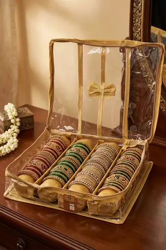  satin bangle box for women jewellery pouch 4 rod bangle storage box chudi set bracelets organizer (golden)