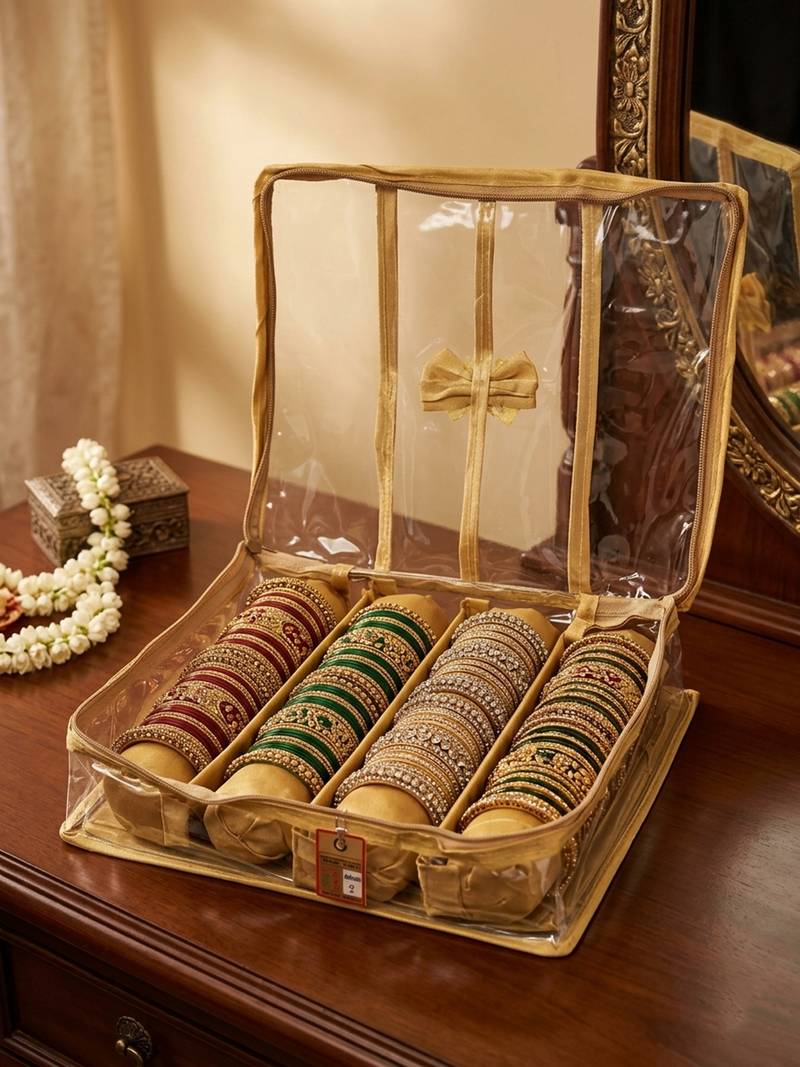  satin bangle box for women jewellery pouch 4 rod bangle storage box chudi set bracelets organizer (golden)