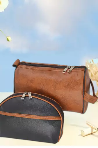 Leather Cosmetic & Toiletry Travel Organizer Pouch Set of 2