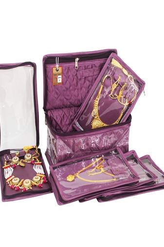   satin jewellery organizer necklace pouch ring earrings tops studs with 5 pouch for women (purple)