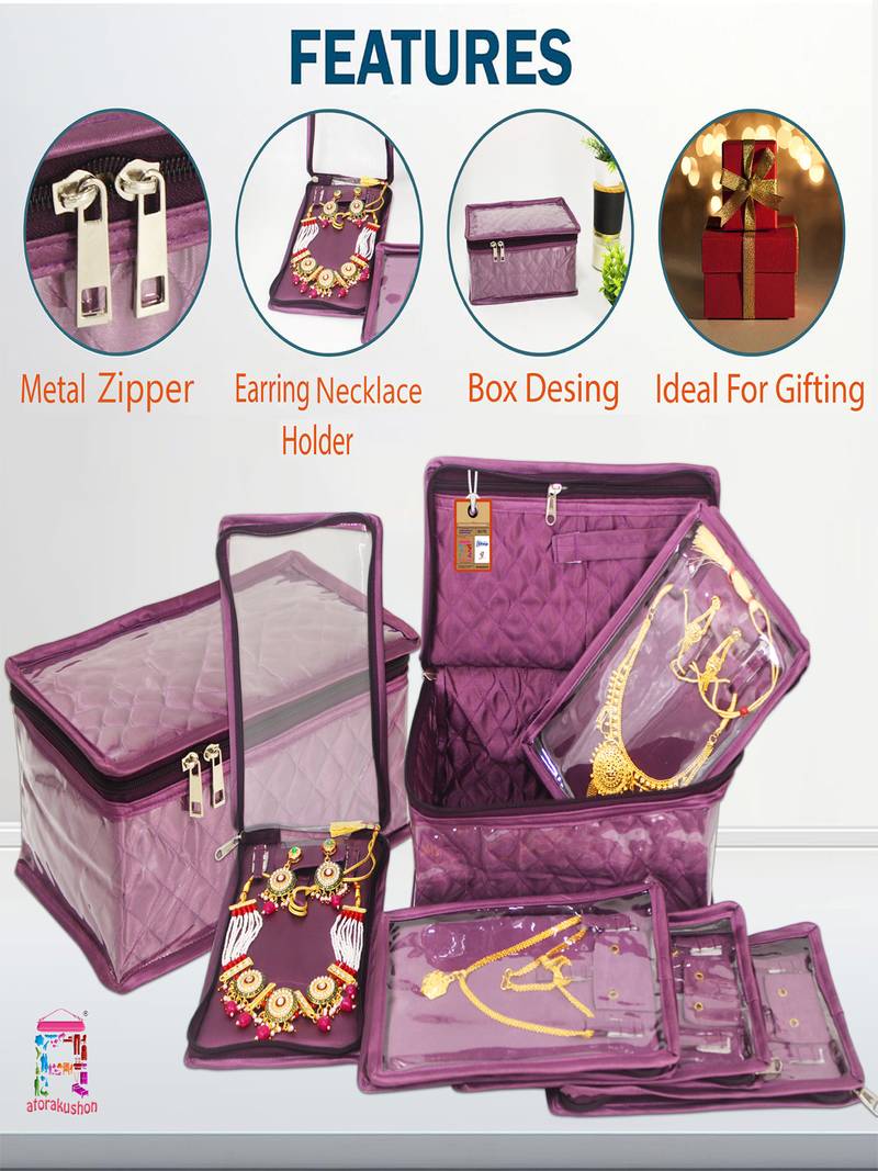   satin jewellery organizer necklace pouch ring earrings tops studs with 5 pouch for women (purple)