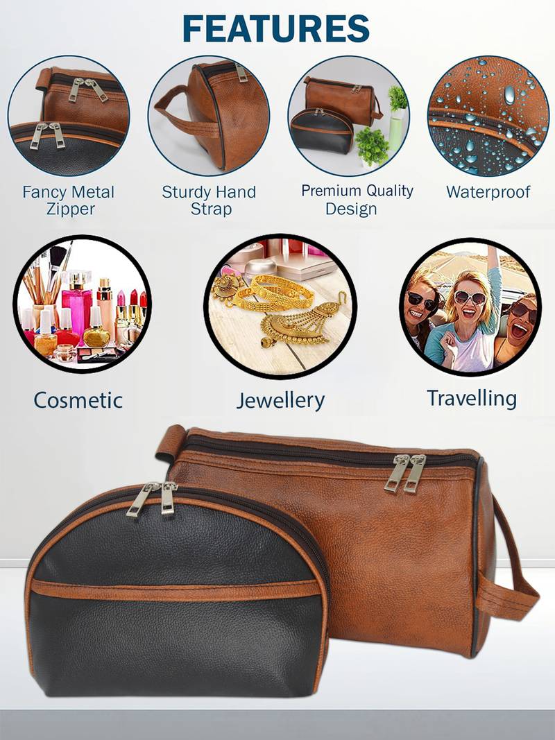 Leather Cosmetic & Toiletry Travel Organizer Pouch Set of 2