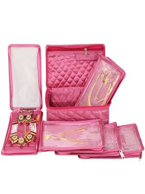   satin jewellery organizer necklace pouch ring earrings tops studs with 5 pouch for women (pink) 1