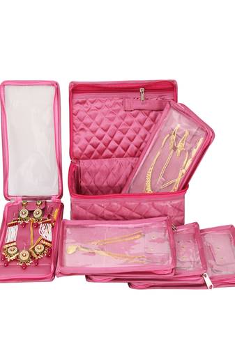   satin jewellery organizer necklace pouch ring earrings tops studs with 5 pouch for women (pink)