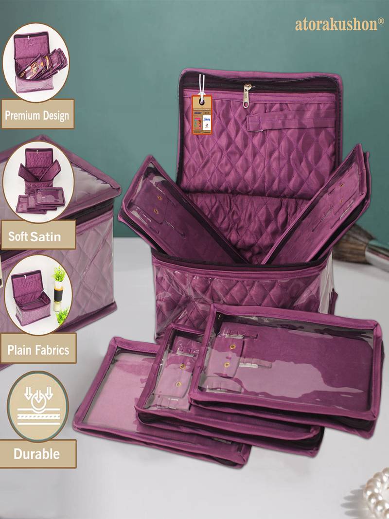   satin jewellery organizer necklace pouch ring earrings tops studs with 5 pouch for women (purple)