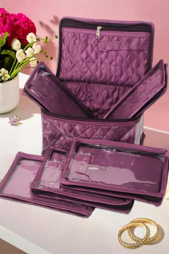   satin jewellery organizer necklace pouch ring earrings tops studs with 5 pouch for women (purple)