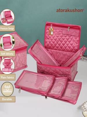   satin jewellery organizer necklace pouch ring earrings tops studs with 5 pouch for women (pink) 2