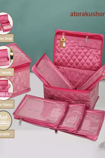   satin jewellery organizer necklace pouch ring earrings tops studs with 5 pouch for women (pink)