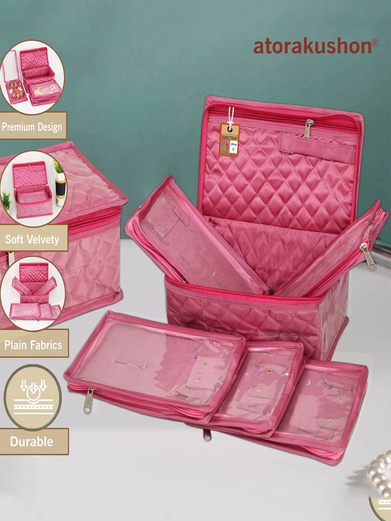   satin jewellery organizer necklace pouch ring earrings tops studs with 5 pouch for women (pink)