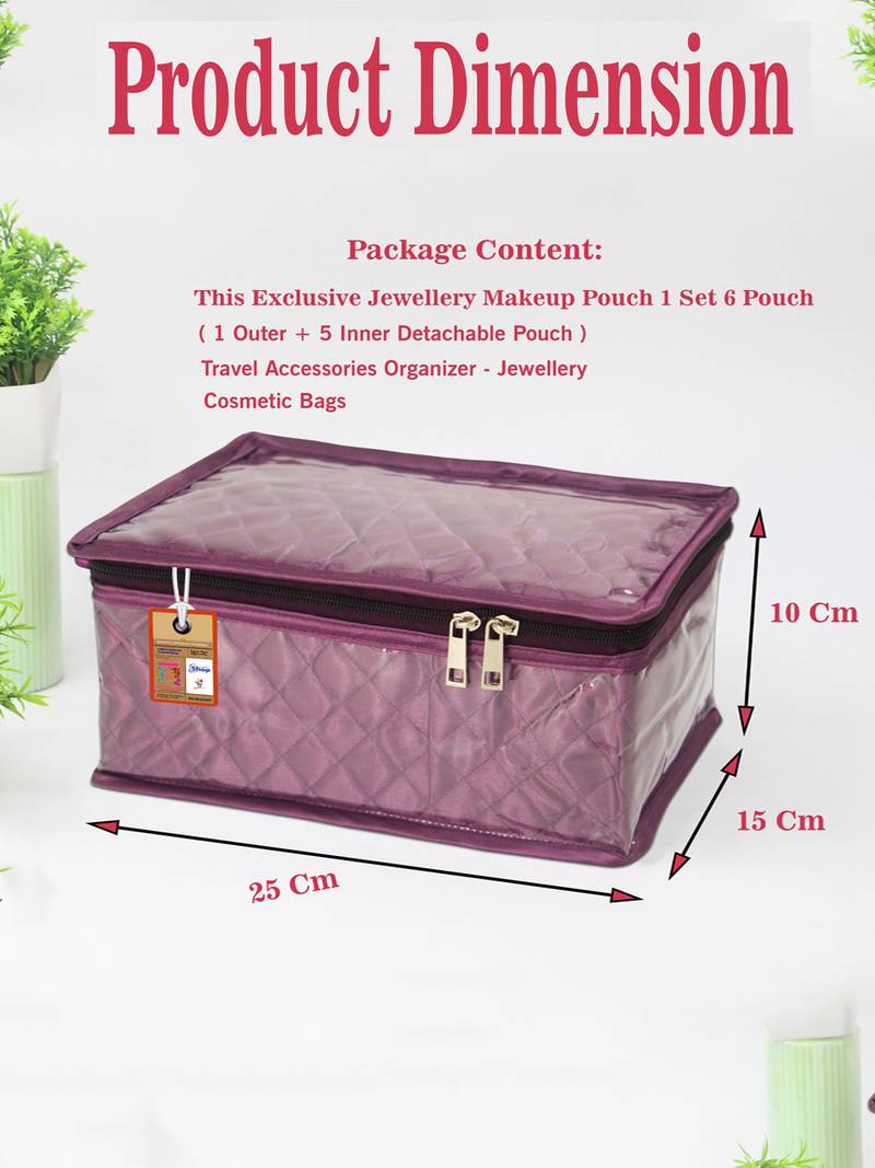   satin jewellery organizer necklace pouch ring earrings tops studs with 5 pouch for women (purple)
