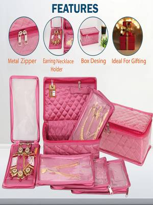   satin jewellery organizer necklace pouch ring earrings tops studs with 5 pouch for women (pink) 3