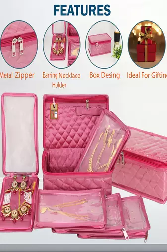   satin jewellery organizer necklace pouch ring earrings tops studs with 5 pouch for women (pink)