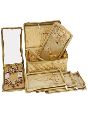   satin jewellery organizer necklace pouch ring earrings tops studs with 5 pouch for women (golden) 1