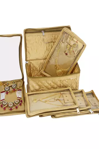   satin jewellery organizer necklace pouch ring earrings tops studs with 5 pouch for women (golden)