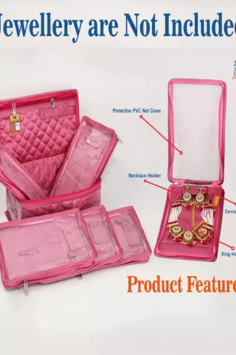   satin jewellery organizer necklace pouch ring earrings tops studs with 5 pouch for women (pink)