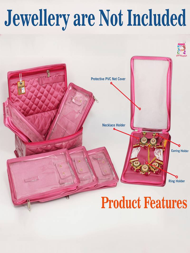   satin jewellery organizer necklace pouch ring earrings tops studs with 5 pouch for women (pink)