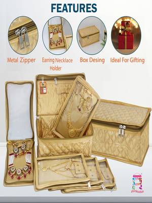   satin jewellery organizer necklace pouch ring earrings tops studs with 5 pouch for women (golden) 3