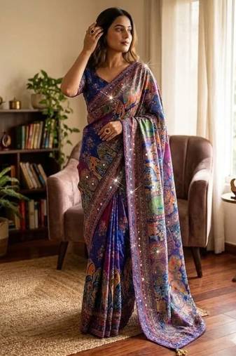 Blue soft chinnon printed saree with mirror & sequins work