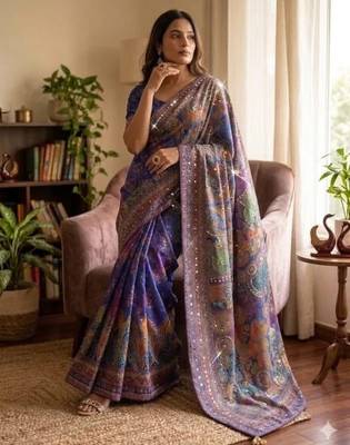 Blue soft chinnon printed saree with mirror & sequins work 2