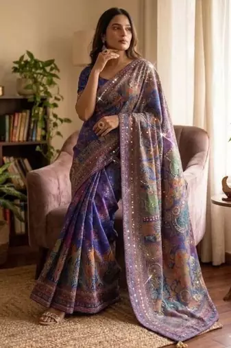 Blue soft chinnon printed saree with mirror & sequins work