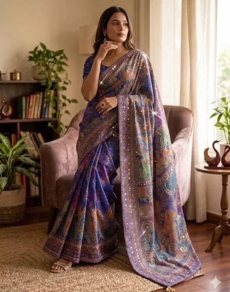 Blue soft chinnon printed saree with mirror & sequins work