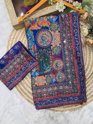 Blue soft chinnon printed saree with mirror & sequins work 3