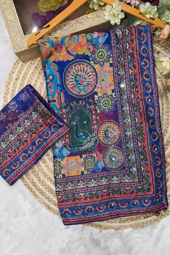 Blue soft chinnon printed saree with mirror & sequins work