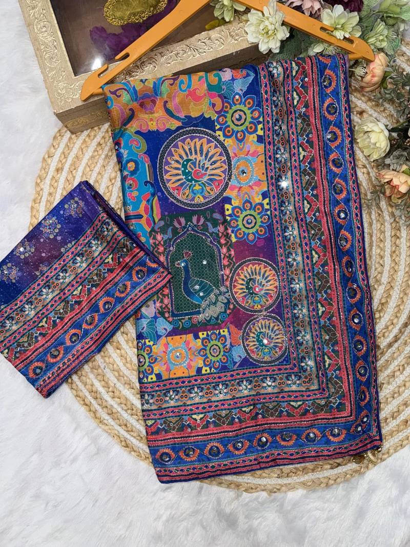 Blue soft chinnon printed saree with mirror & sequins work
