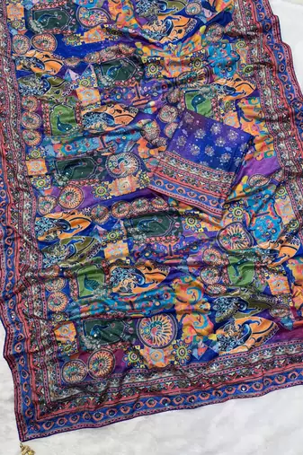 Blue soft chinnon printed saree with mirror & sequins work