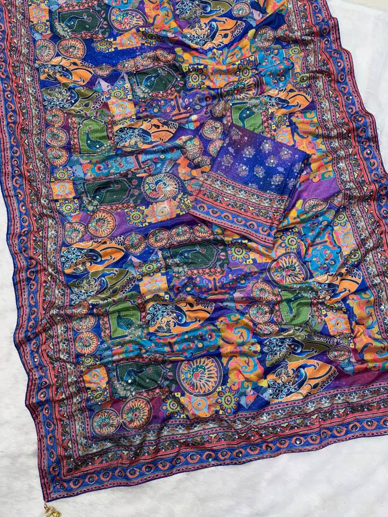 Blue soft chinnon printed saree with mirror & sequins work