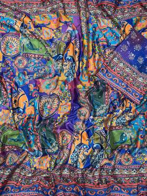 Blue soft chinnon printed saree with mirror & sequins work 5