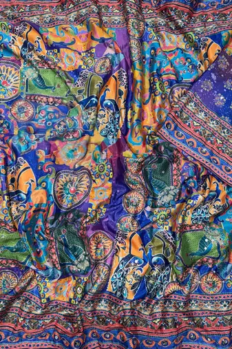 Blue soft chinnon printed saree with mirror & sequins work