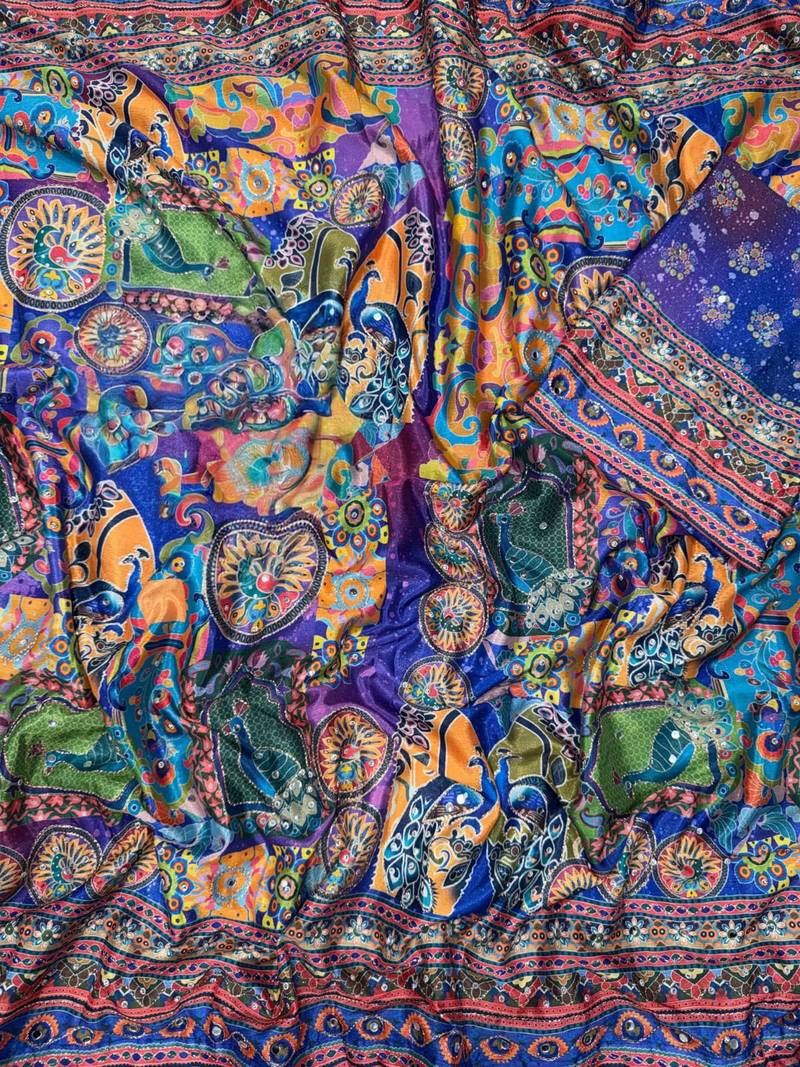 Blue soft chinnon printed saree with mirror & sequins work